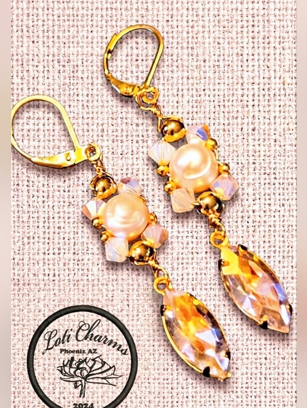 Elegant Pink Rose Opal AB Crystals & Pearls In Artisan Handwoven Beauty Earrings